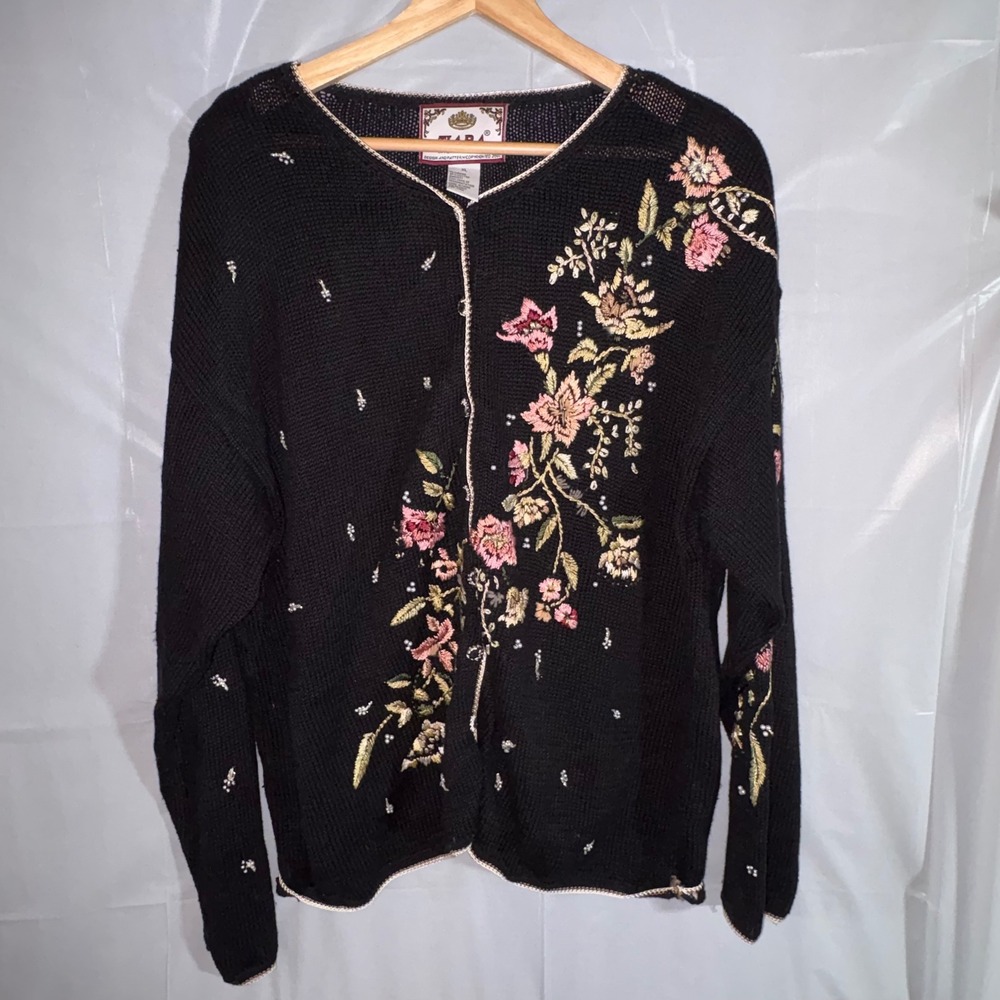 Tiara International Vintage Floral Embroidered Beaded Cardigan Black XL Grandma